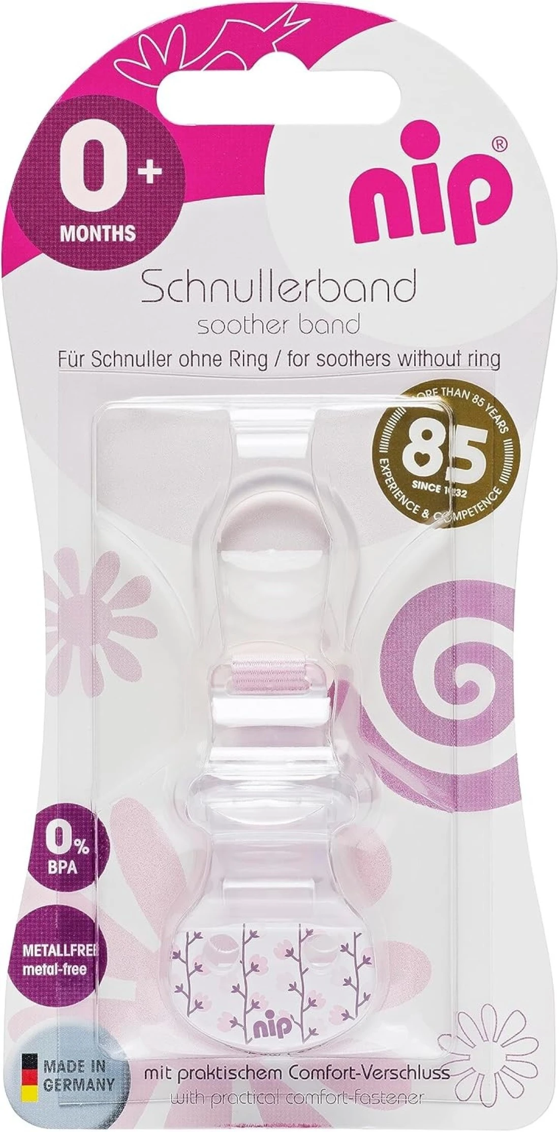 Nip Soother Band With Ring, For Soothers With O Ring, Made In Germany, Pink, 1 Pc