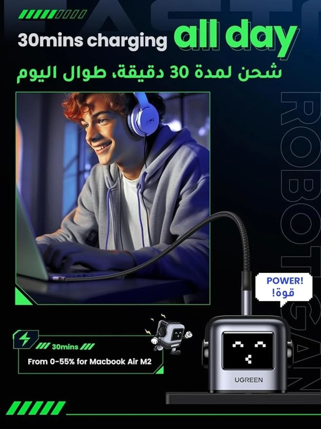 UGREEN RG 65W USB C Charger 3Type C Power Adapter for MacBook/HP/Dell/Lenovo, iPhone 15 Pro Max, Galaxy S24 Ultra, Steam Deck-Black