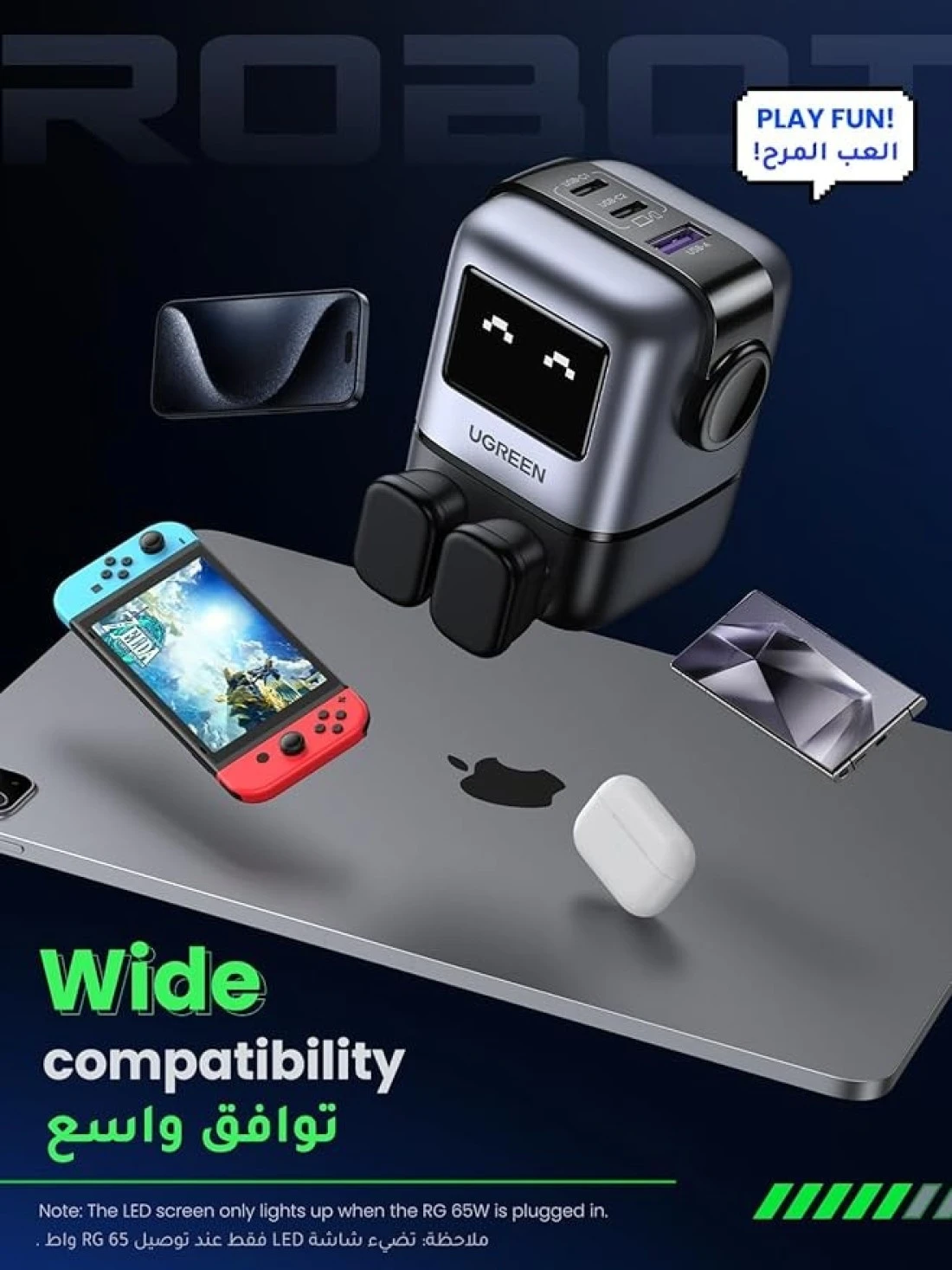 UGREEN RG 65W USB C Charger 3Type C Power Adapter for MacBook/HP/Dell/Lenovo, iPhone 15 Pro Max, Galaxy S24 Ultra, Steam Deck-Black