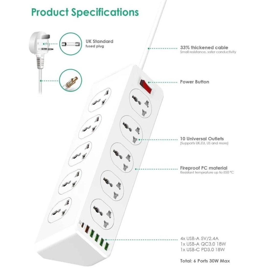 10 Way Power Extension Cord Surge Protector Strip Heavy Duty Universal Electrical Socket 5x USB-A 1x USB-C PD 30W