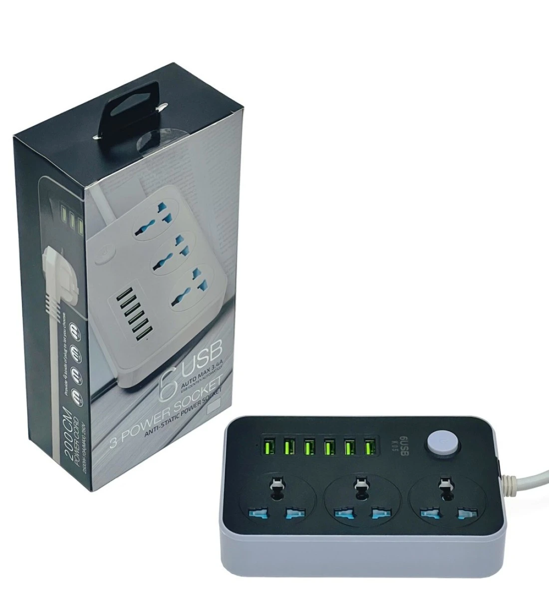 Generic Anti-Static 3 Power Socket 2500W, 10A Max, 250V, 6 USB Ports Auto Max 3.4A 17W Output with 6Ft Extension Cord Cable