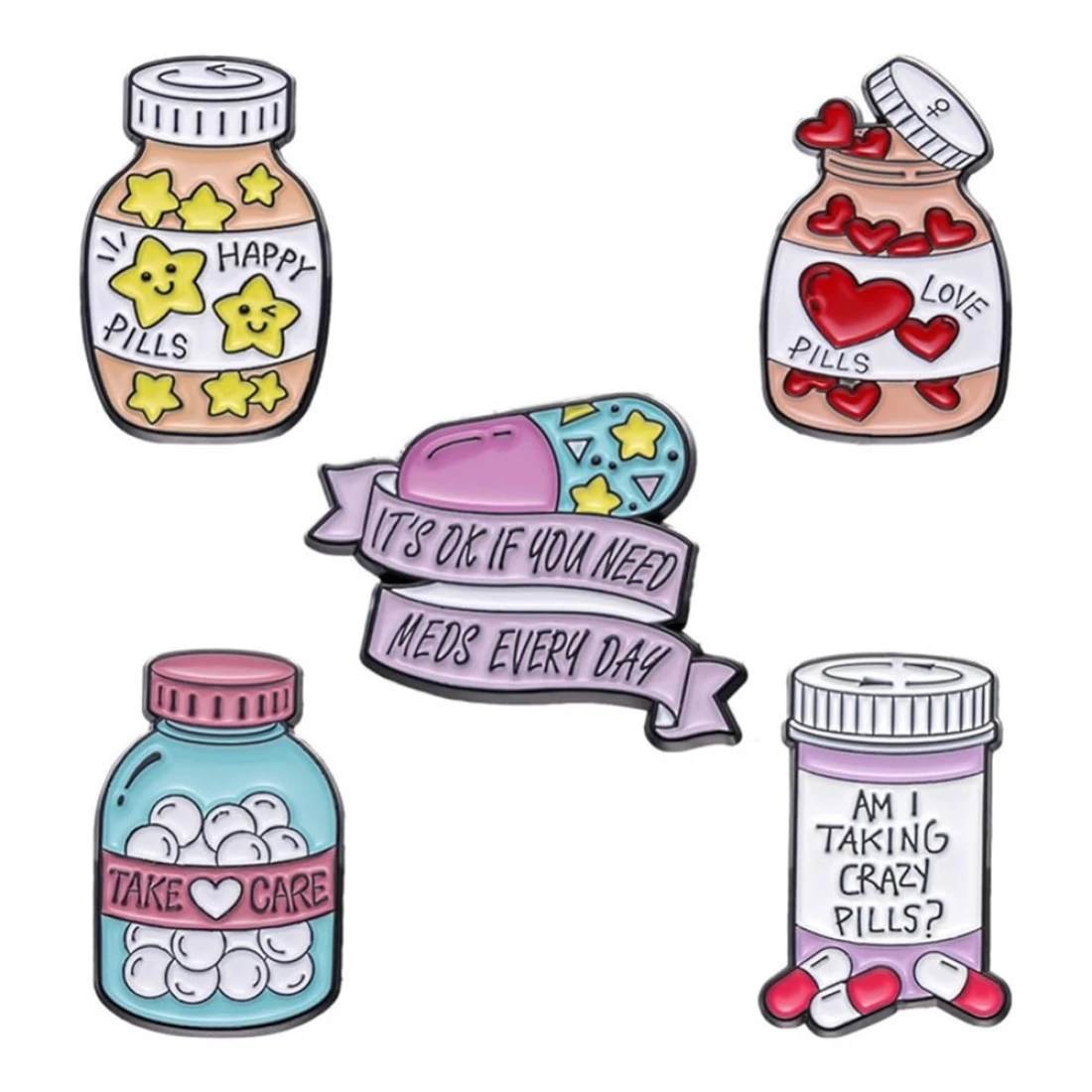 Cartoon Stars Happy Pill Brooch Bottle Enamel Pin Take Care Pill Bottle Enamel Pin Set Love Pill It&#39;s OK If You Need Meds Every Day Brooch Badge Creative Cute Pills Medicine Bottle Lapel Pin women