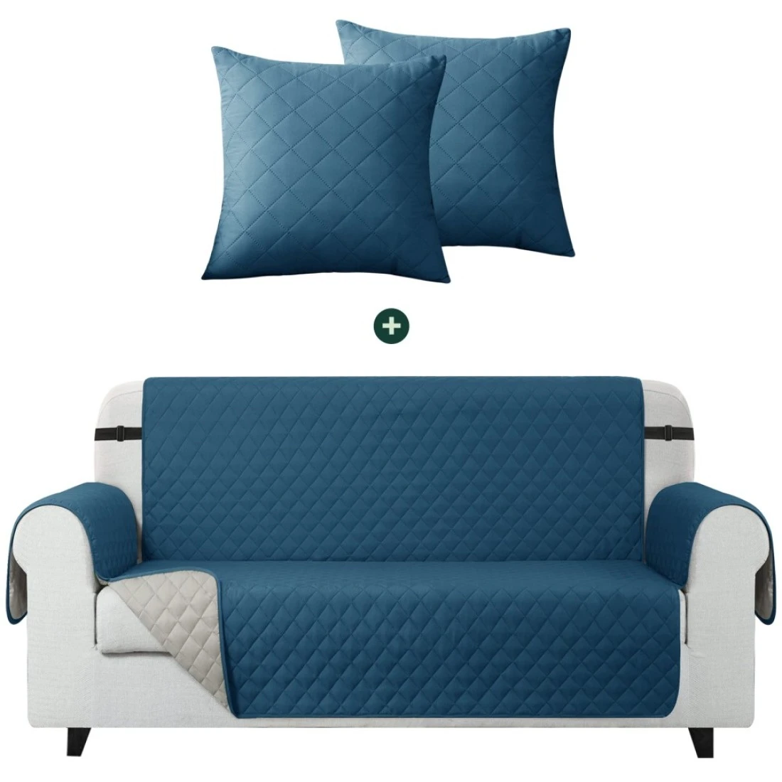 CHUN YI Reversible Sofa Cover Quilted Slipcover Set for Sofa Towel and 2 Pc Throw Pillow Cover, Washable Loveseat Cocer and Set of 2 18 x 18 Inch Throw Pillow Cover(70&quot;+2pc, Turquoise)