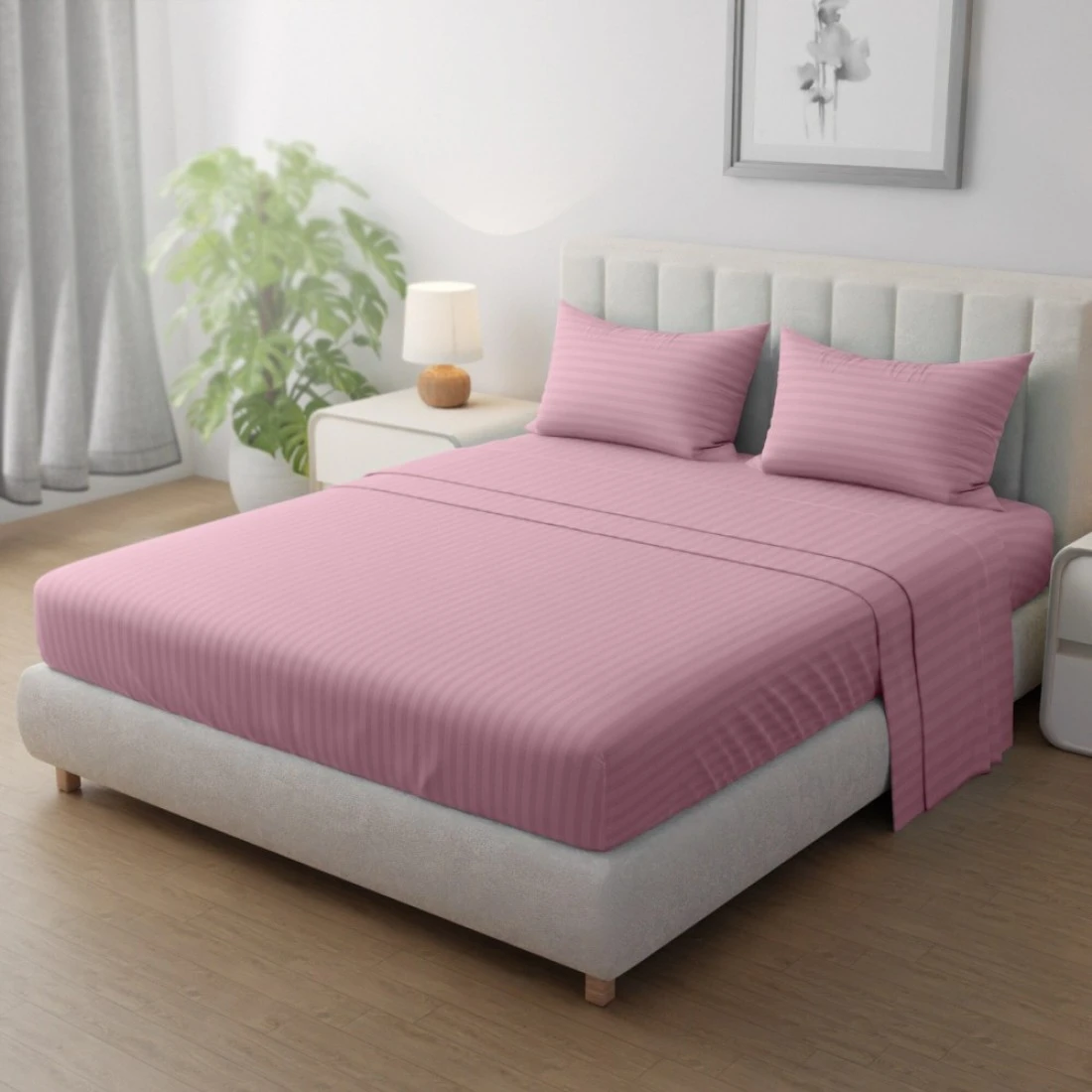 Klub Linen 3PC Striped Fitted Sheet Set, Ultra Soft Microfiber Bedding Set - 1 Fitted Sheet Double (120x200cm) with Deep Pocket and 2 Pillowcases (50 x 75 cm), Baby Pink