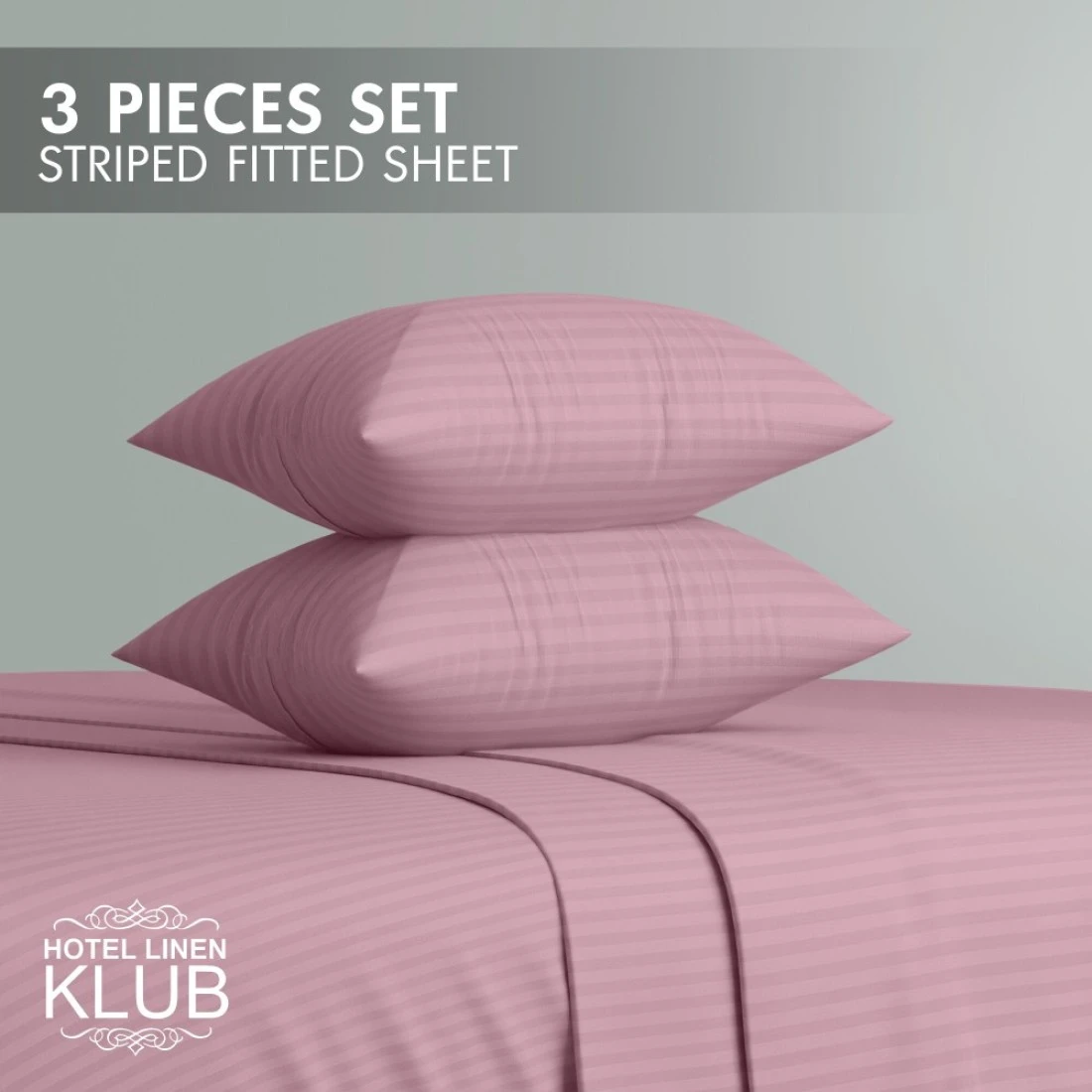 Klub Linen 3PC Striped Fitted Sheet Set, Ultra Soft Microfiber Bedding Set - 1 Fitted Sheet Double (120x200cm) with Deep Pocket and 2 Pillowcases (50 x 75 cm), Baby Pink