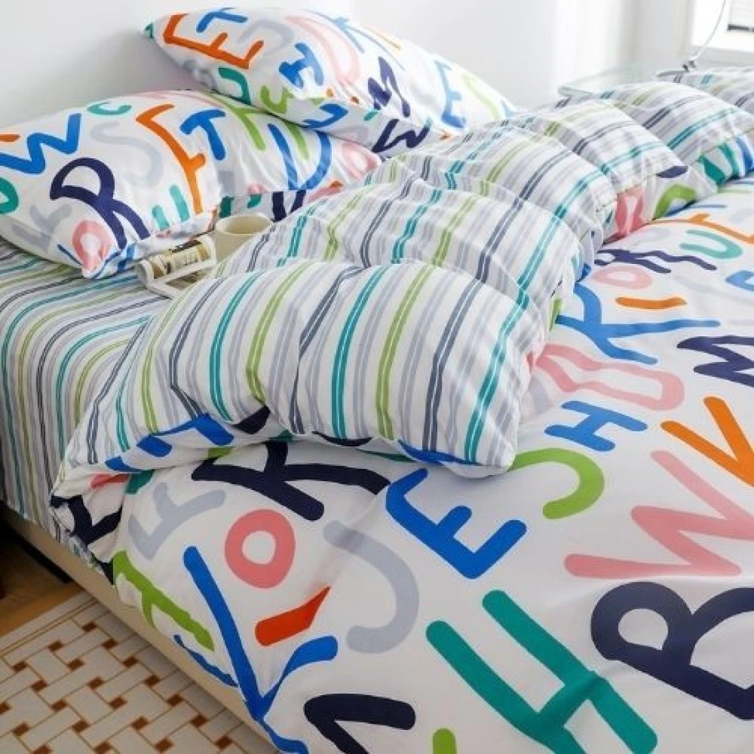 Luna Home-Single Size 4 Pieces Reversible Alphabet Design Stripped Bedsheet and Rainbow Colors Duvet Cover without filler.