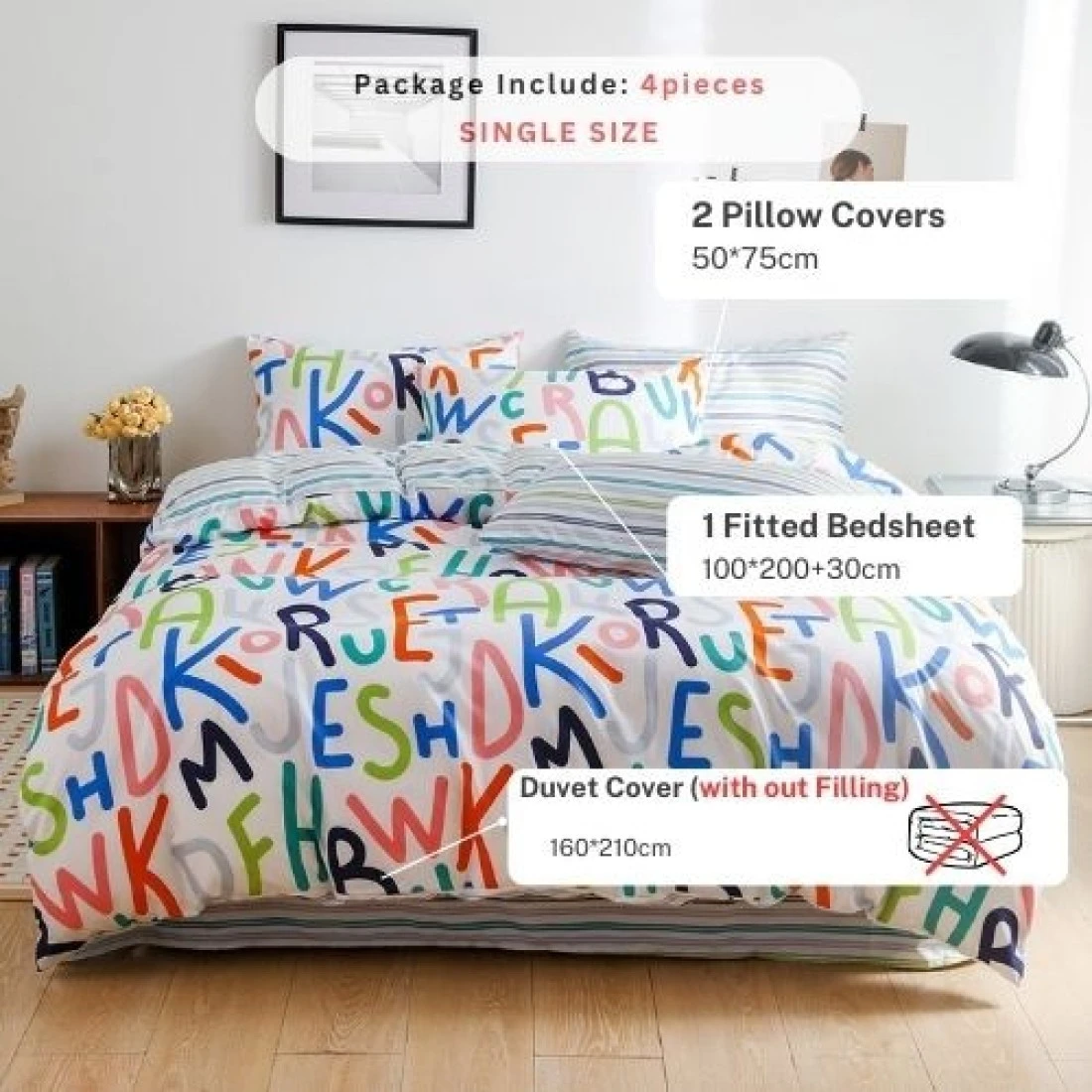 Luna Home-Single Size 4 Pieces Reversible Alphabet Design Stripped Bedsheet and Rainbow Colors Duvet Cover without filler.
