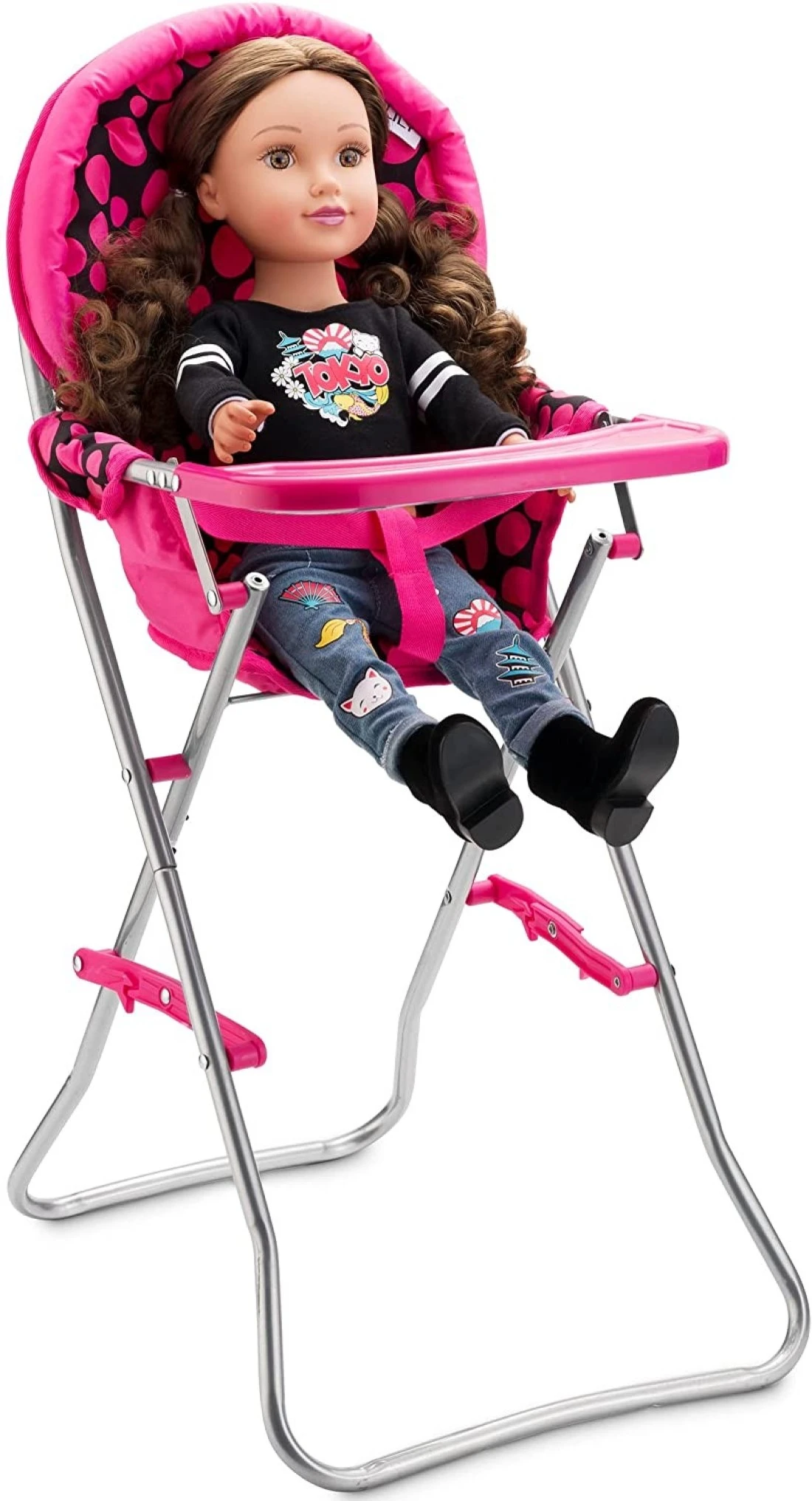 Hushlily Sturdy Doll Lightweight Highchair Fits 18&quot; Dolls, Pink &amp; Black Polka Dots