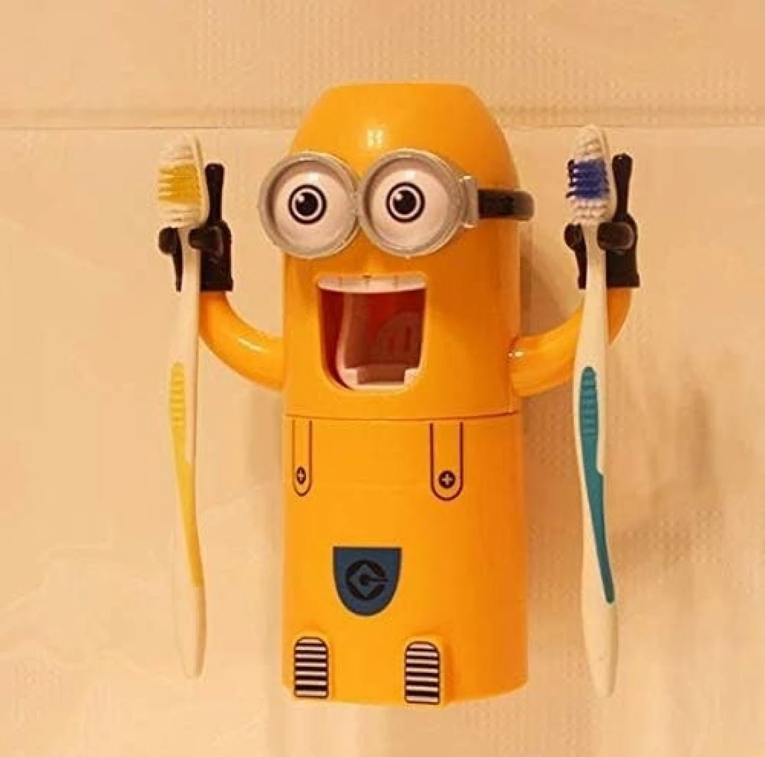 Cartoon Little Yellow Man Toothbrush Holder Set with Automatic Toothpaste Dispenser Fun &amp; Practical Bathroom Organizer for Kids Hands-Free Toothpaste Squeezer