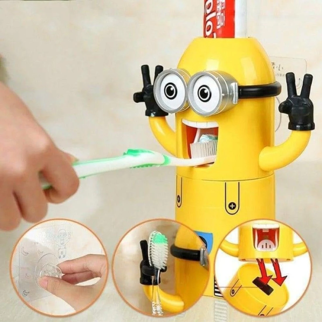 Cartoon Little Yellow Man Toothbrush Holder Set with Automatic Toothpaste Dispenser Fun &amp; Practical Bathroom Organizer for Kids Hands-Free Toothpaste Squeezer