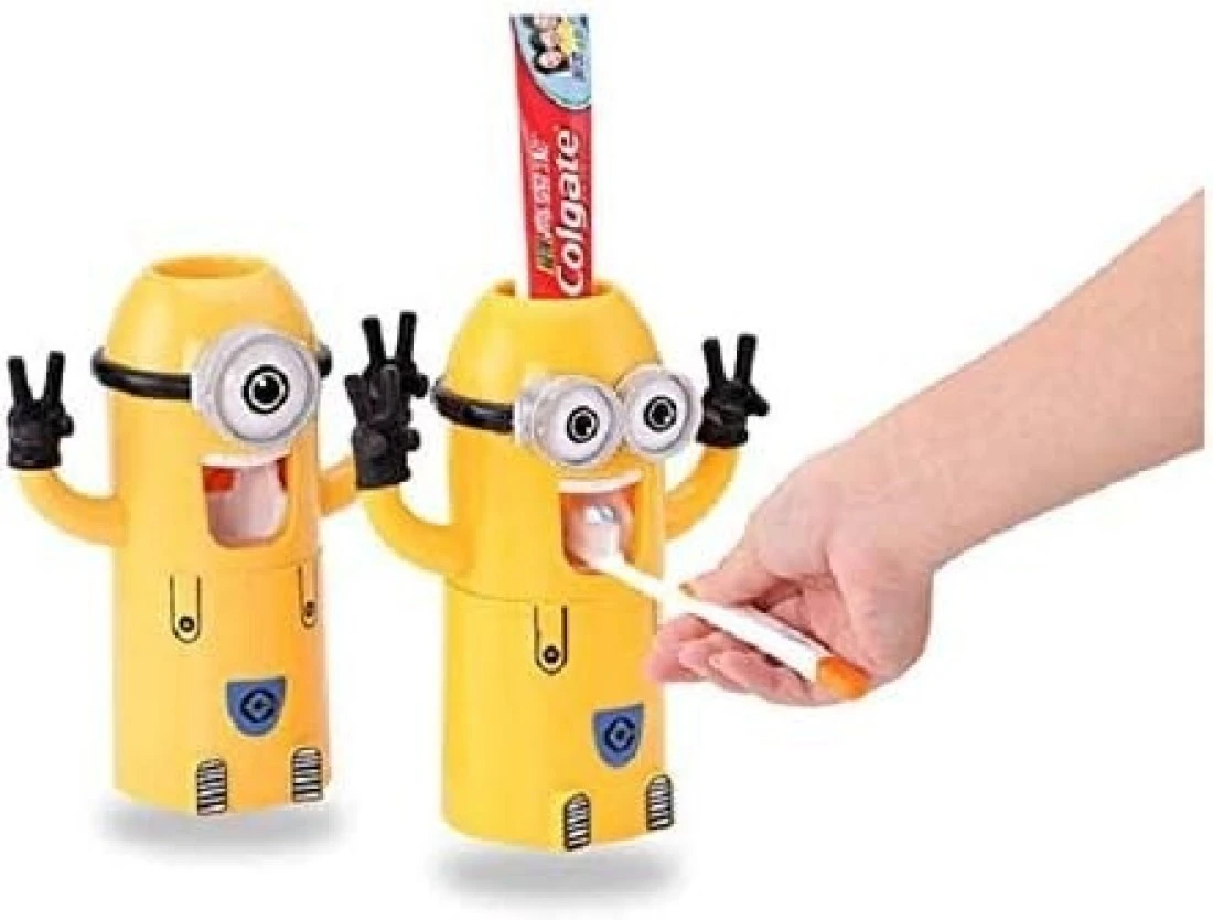 Cartoon Little Yellow Man Toothbrush Holder Set with Automatic Toothpaste Dispenser Fun &amp; Practical Bathroom Organizer for Kids Hands-Free Toothpaste Squeezer