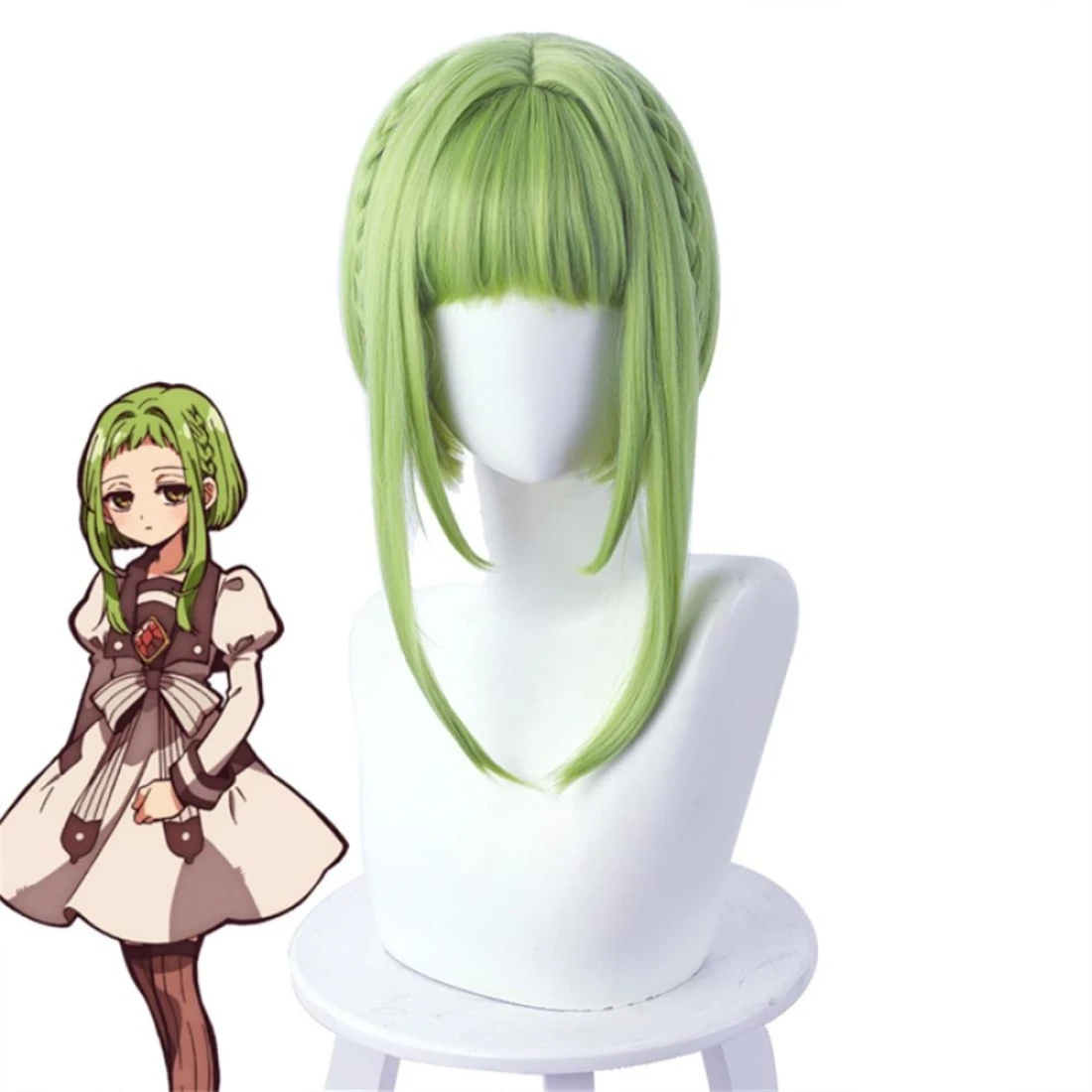 Aadesso Nanamine Sakura Cosplay Wig Short Green Wig with Braid For Anime Toilet-Bound Hanako-kun Halloween Cosplay Wigs