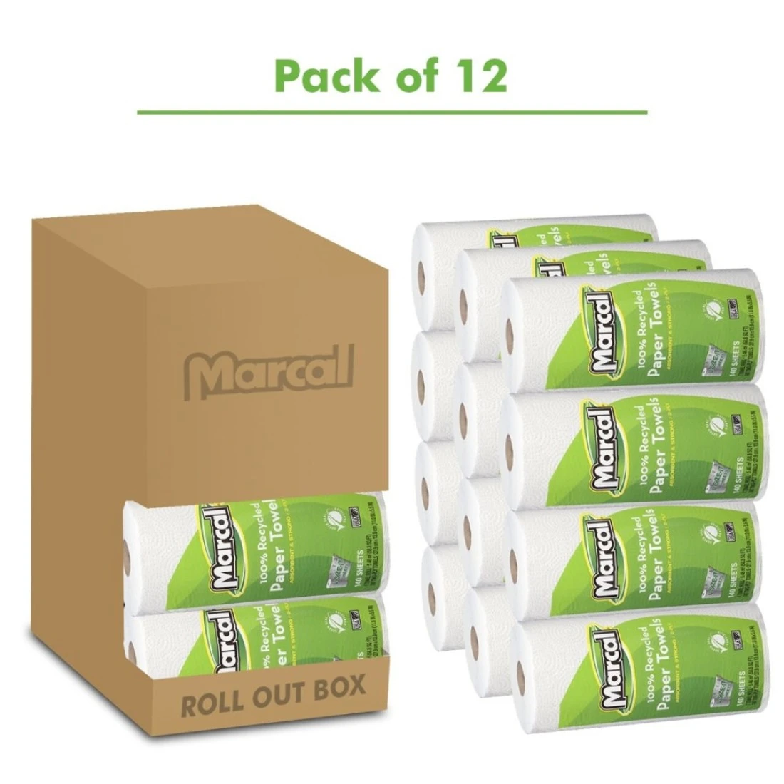 Marcal Paper Towels USizeIt Sheets 2 Ply 140 Sheets Per Roll 100 Recycled 12 Roll Out Rolls Per Case Green Seal Certified Paper Towel Rolls 06183
