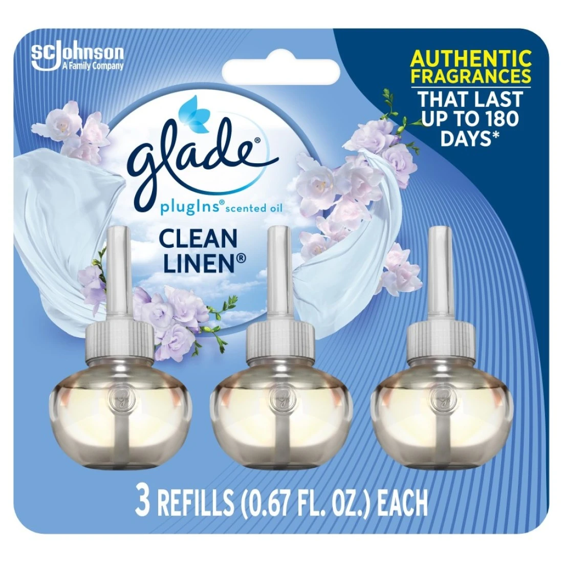 Glade PlugIns Refills Air Freshener Scented and Essential Oils for Home and Bathroom Clean Linen 201 Fl Oz 3 Count