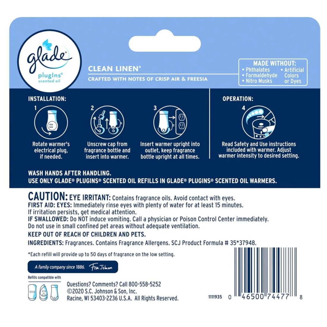 Glade PlugIns Refills Air Freshener Scented and Essential Oils for Home and Bathroom Clean Linen 201 Fl Oz 3 Count
