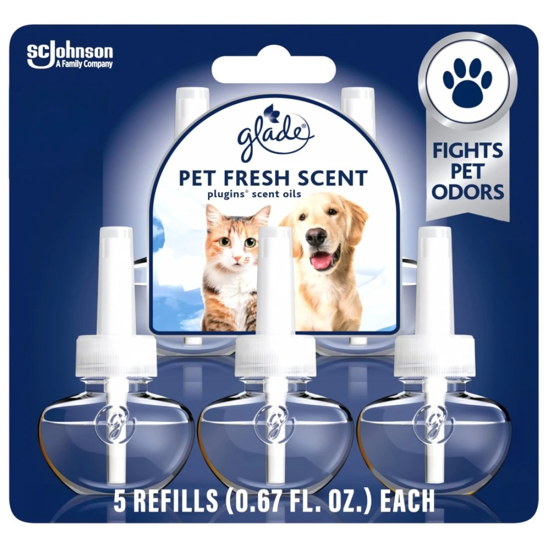 Glade PlugIns Refills Air Freshener, Pet Fresh Scent, Scented and Essential Oils for Home and Bathroom, 0.67 Fl Oz, 5 Count