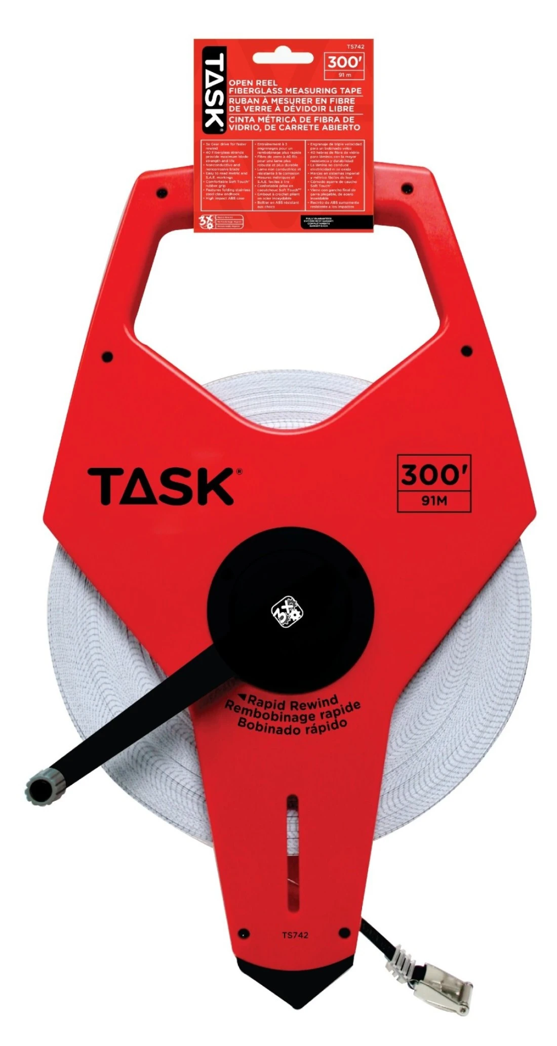 Task TS742 300-Feet Open Reel Fiberglass Tape Measure with 3X Gear Drive