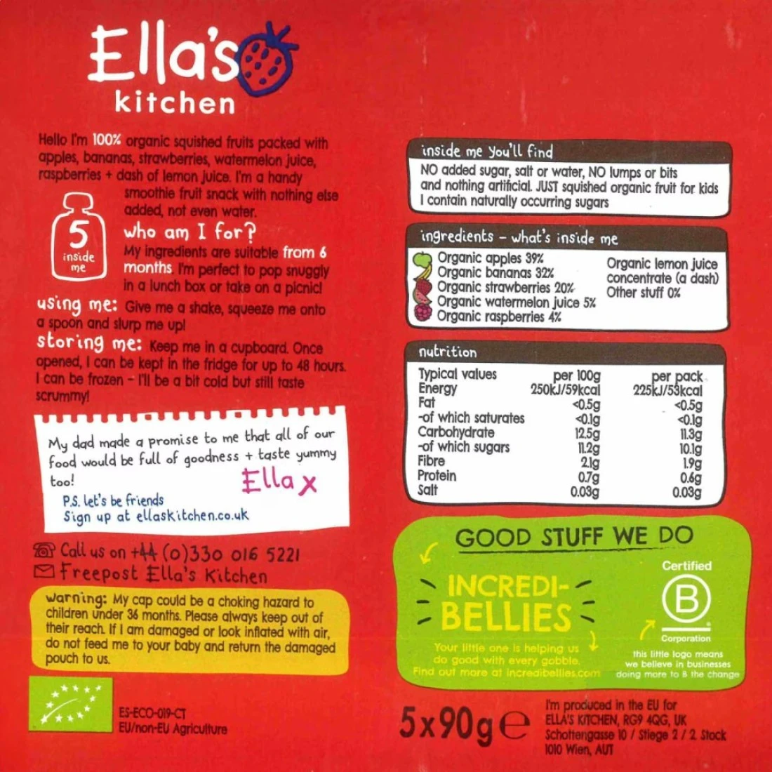 Ella&#39;s Kitchen The Red One Organic Squished Smoothie Fruits 6+ Months Baby Food, Gluten &amp; Dairy Free 90g Pack of 4