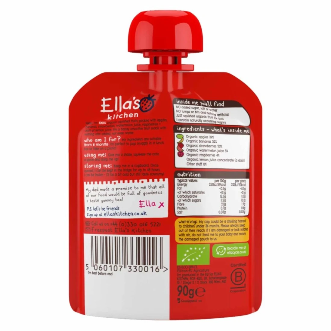 Ella&#39;s Kitchen The Red One Organic Squished Smoothie Fruits 6+ Months Baby Food, Gluten &amp; Dairy Free 90g Pack of 4