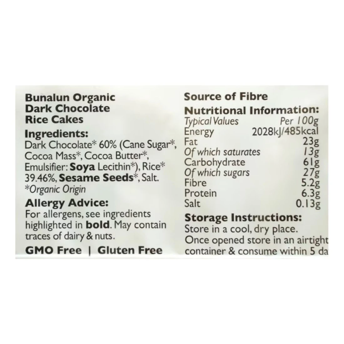 Bunalun Organic Dark Chocolate Rice Cakes 100g