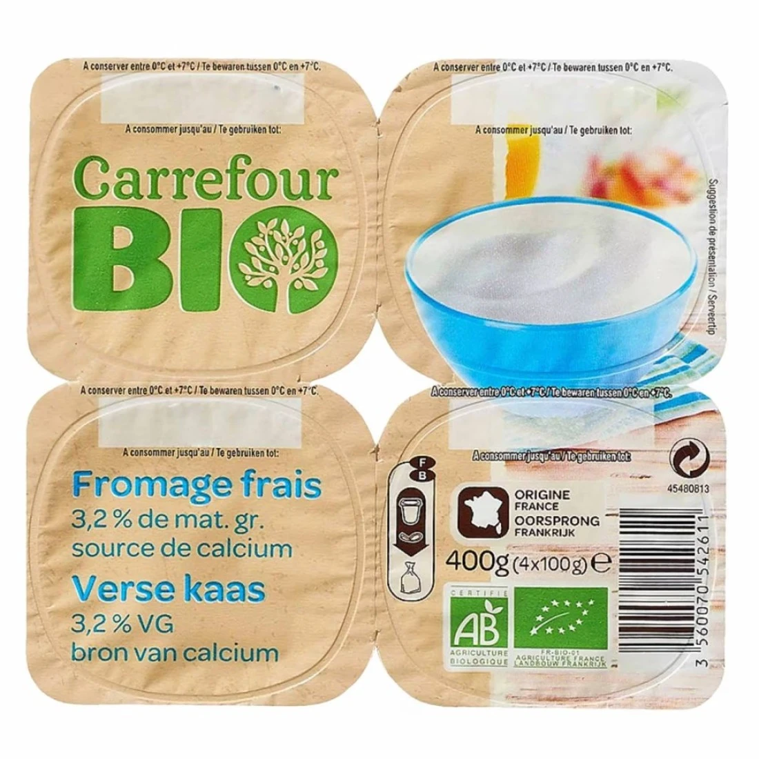 Carrefour Bio Organic Natural Fresh Cheese 100g Pack of 4