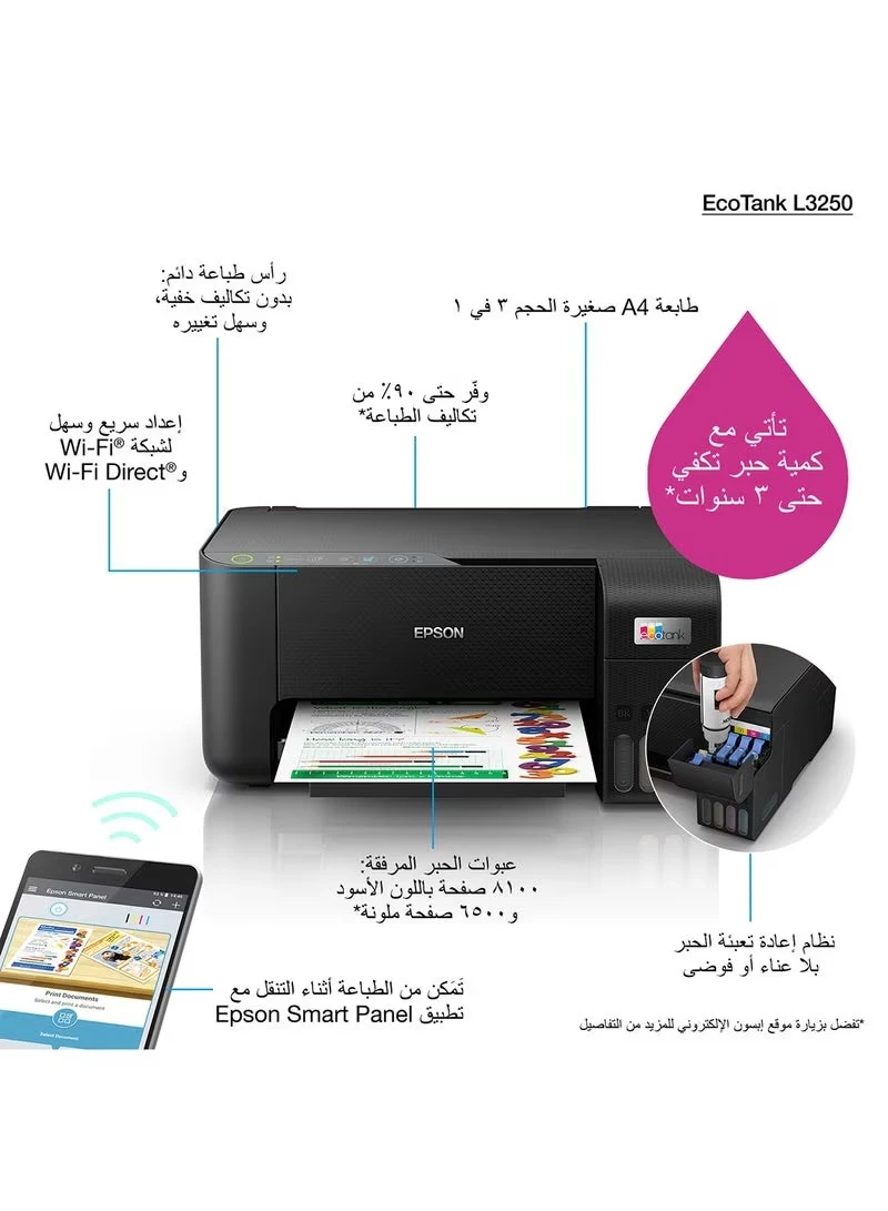 EPSON Ecotank L3250 Home Ink Tank 3-In-1 Colour Printer With Wifi And Smartpanel App Connectivity Black