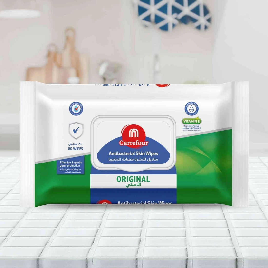 كارفور أوريجينال مناديل مبللة للعناية بالبشرة مضادة للبكتيريا 80 منديل - أبيض