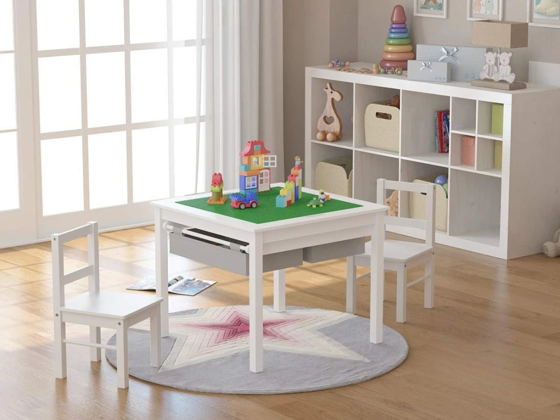 UTEX Whitetablechairs Set 2in1 Kids Activity Table and two Chairs Set WhiteTable Chairs Set