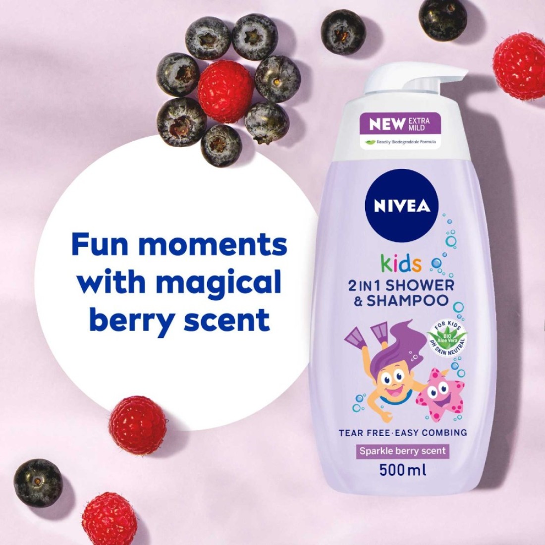 NIVEA Kids 2-In-1 Shower, Shampoo &amp; Conditioner Sparkle Berry Scent Purple 500ml