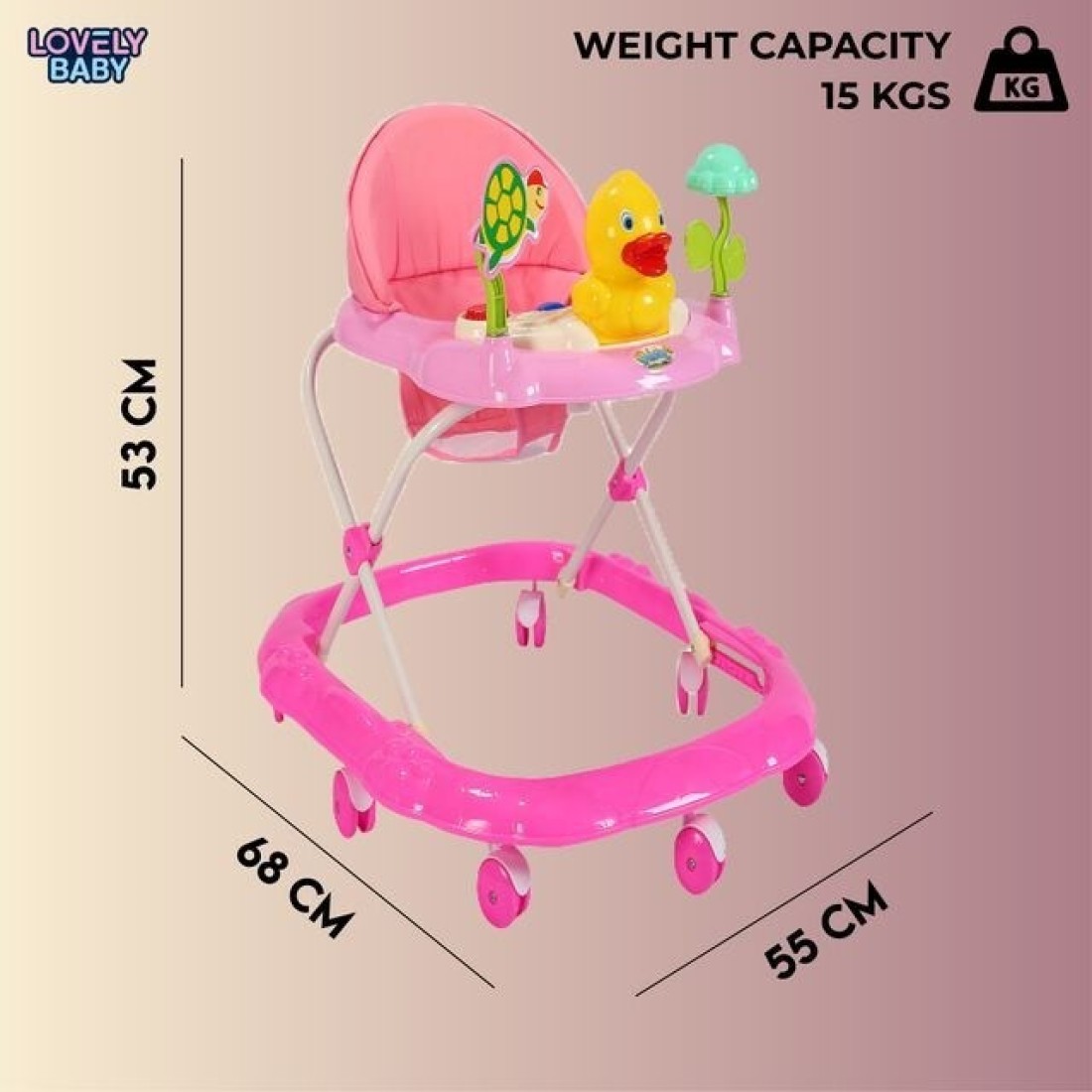 Lovely Baby Foldable Kids Walker LB 852 with Adjustable Height, Music & Toys, Rotating Wheels, Foldable Safe Support Activity Walker for Toddlers, Small Infant Boy Girl 6-15 M - Pink