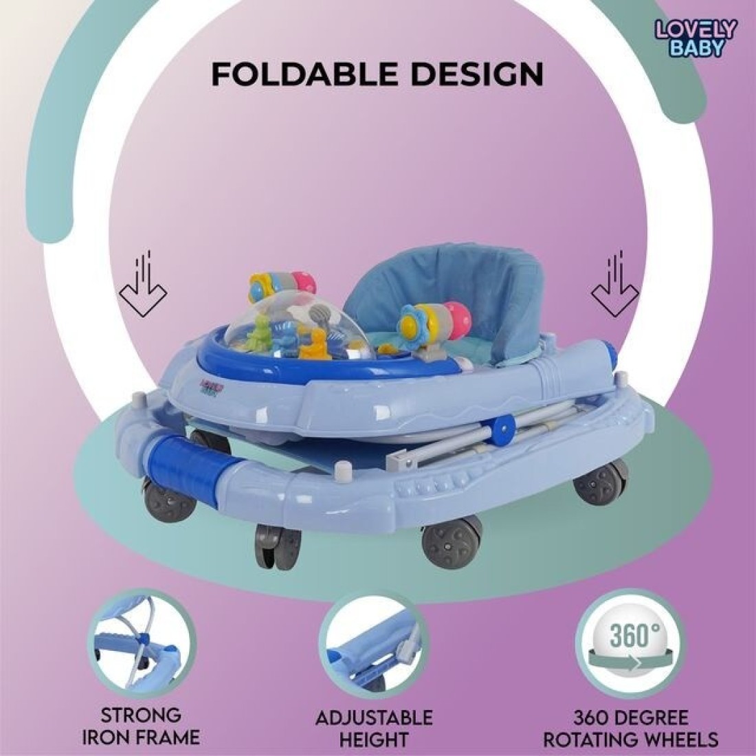 Lovely Baby Foldable Kids Walker BW05 with Adjustable Height, Musical Toys, Rotating Wheels, Comfortable & Safe Activity Walker for Toddlers, Small Infant Boy Girl 6-18 months - Blue