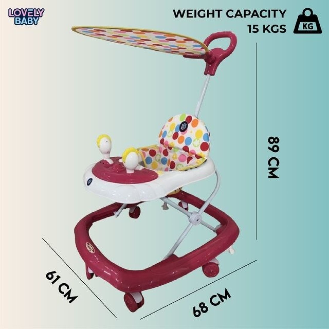 Lovely Baby Foldable Kids Walker LB 581HC with Adjustable Height, Music & Toys, Rotating Wheels, Handle, Foldable Safe Activity Walker for Toddlers, Small Infant Boy Girl 6-18 M - Pink