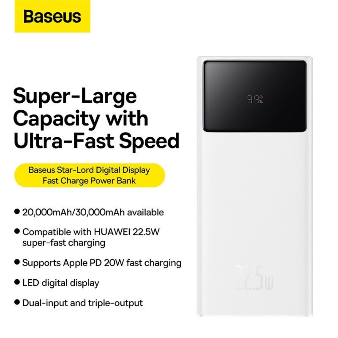 Baseus 30000.0 mAh Portable Charger Power Bank 30000mAh, 22.5W QC 3.0 PD 20W USB 3-Port 3A Fast Charging Charger C Battery Pack, Smart LED Display Phone for iPhone Series, Samsung, Android etc, White