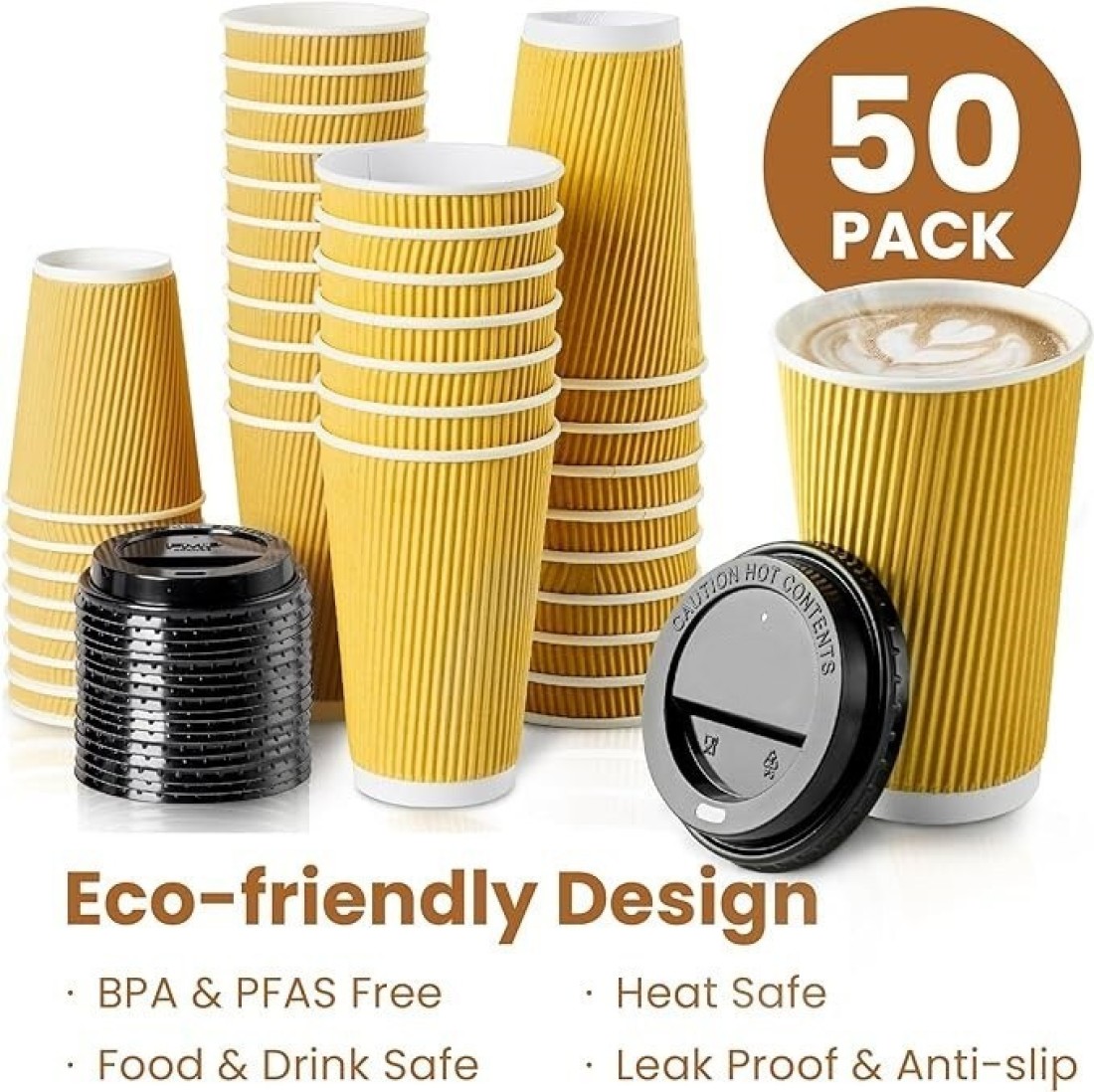 YESOCEA [50 Set] 12 oz. Kraft Disposable Coffee Cups With Lids - Triple Wall Ripple Brown Hot Paper Cups for Tea, Drinks To-Go