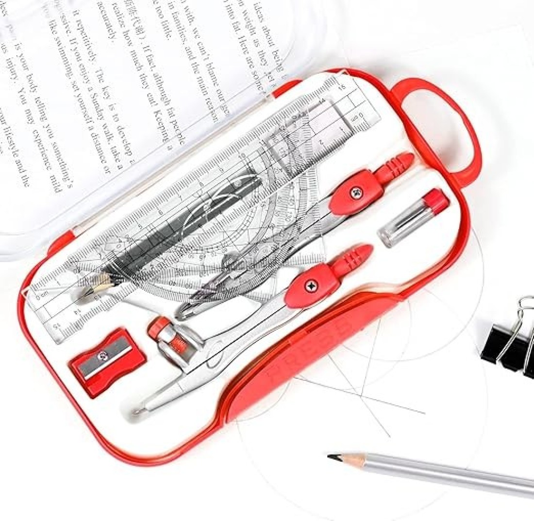 FITTO Mathematical Drawing Instruments Box &ndash; Complete Geometry Set with Compass, Protractor, Ruler, Set Squares, Eraser &ndash; Precision Tools for School, Office, and Engineering Use