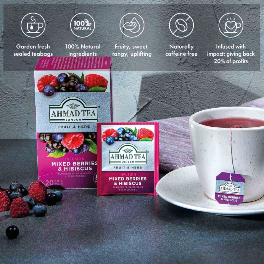 Ahmad Tea Fruit and Herb Infusion Mixed Berries and Hibiscus Flavoured Tea Bags 20 Tea Bags