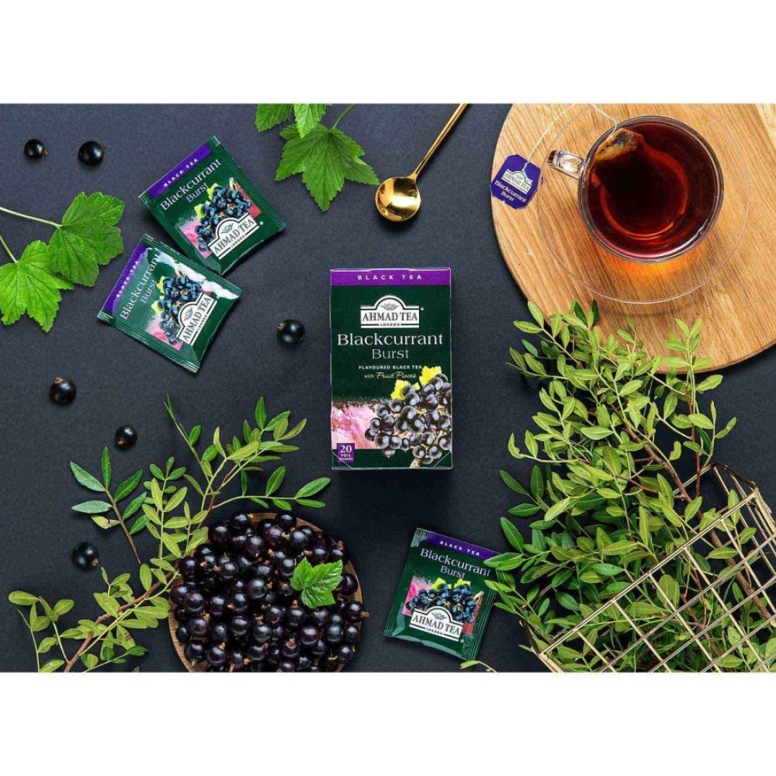 Ahmad Tea Blackcurrant Burst Flavoured Black Tea with Fruit Pieces Tea Bags 20 Tea Bags