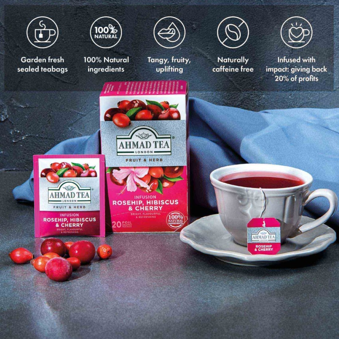 Ahmad Tea Fruit and Herb Infusion Rosehip and Hibiscus with Cherry Flavoured Tea Bags 20 Tea Bags