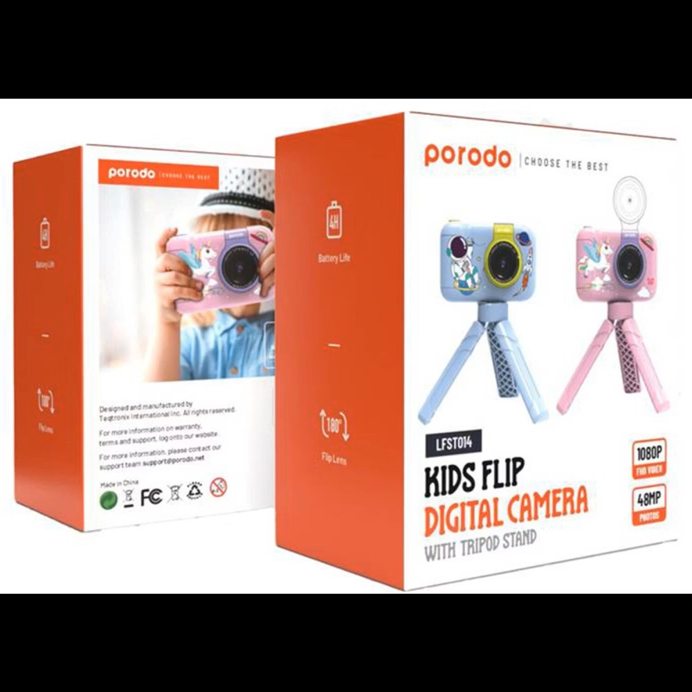 Porodo Lifestyle Kids Flip Digital Camera with Tripod Stand, 12MP (Extrapolated 48MP), 1080P Video, 2.4&quot; Widescreen, 180&deg; Flip Lens, 5 Color Filters, 4 Hours Battery Life, Blue
