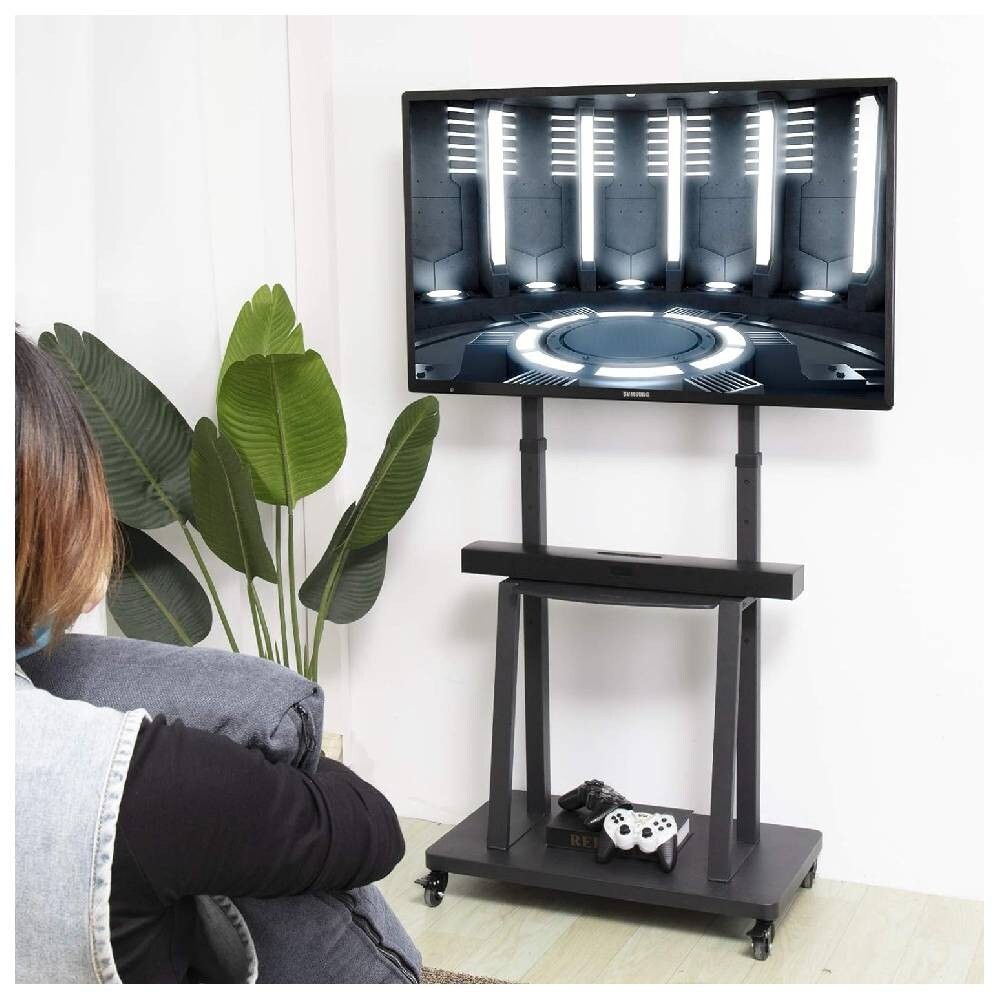 TV Stand with Wheels: Mobile TV Trolley with Mount For 32-80 Inch LED LCD Oled Flat Curved Screen Floor TV Cart Portable Rolling TV Monitor Shelf with Heavy Duty Base