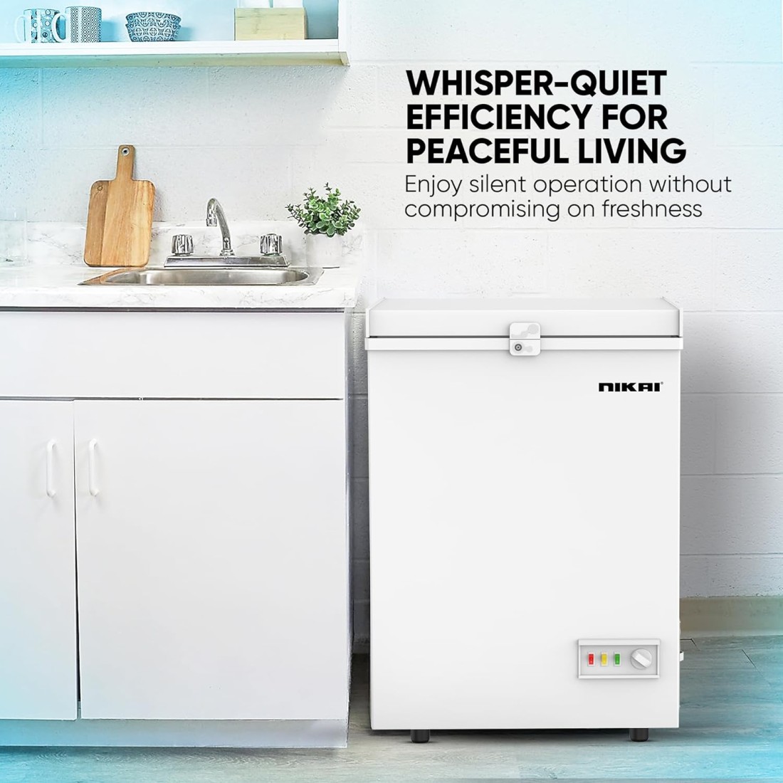 Nikai 150L Gross/100L Net, Single Door Chest Freezer With Storage Basket, High Energy Efficiency Cooling System, Adjustable Temperature, Silent Operation, NCF150N7, White