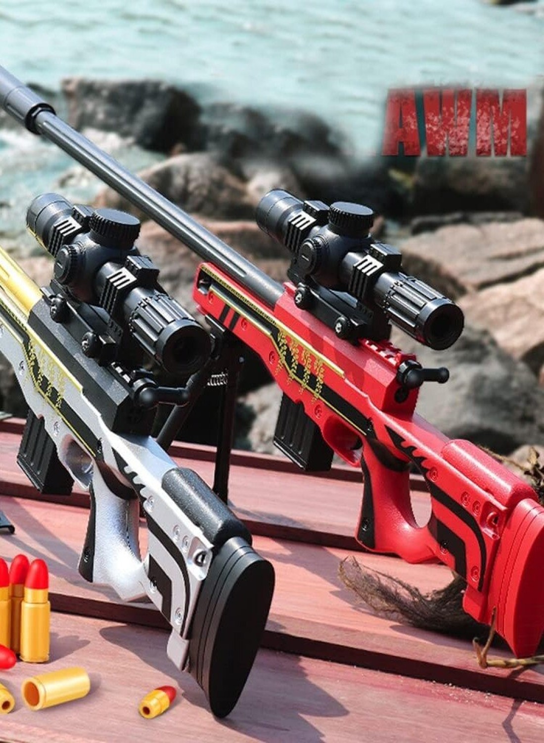 Foam Blaster Sniper Rifle Set for Kids &ndash; EVA Safety Shell Ejecting Toy Gun with Magazine &ndash; AWM Silver &amp; Gold Nerf Toy &ndash; Perfect Birthday Gift for Boys &amp; Girls