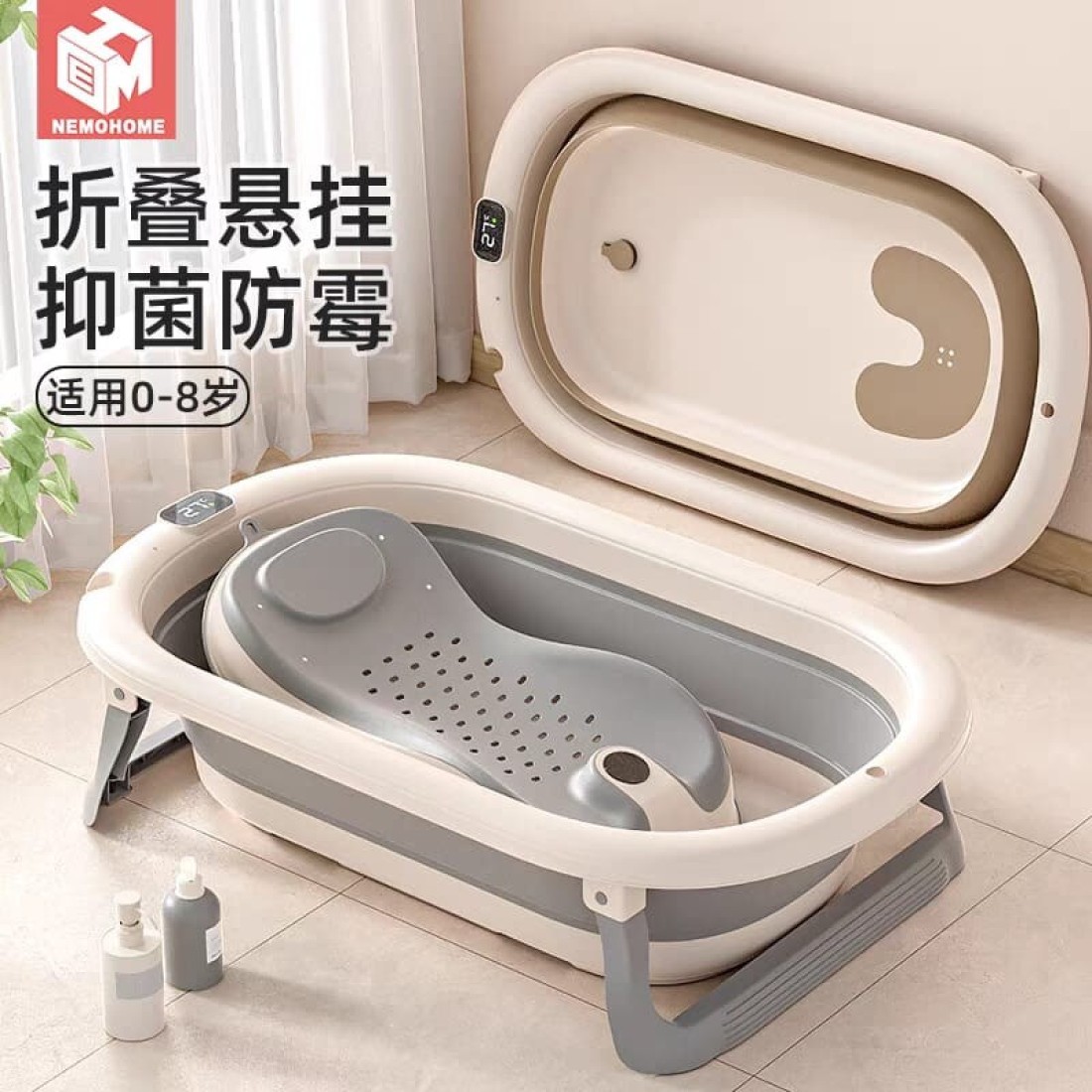 Foldable Baby Bathtub with Temperature Indicator Essentials Bathtub for Newborns and Infants with Seat Support Cushion