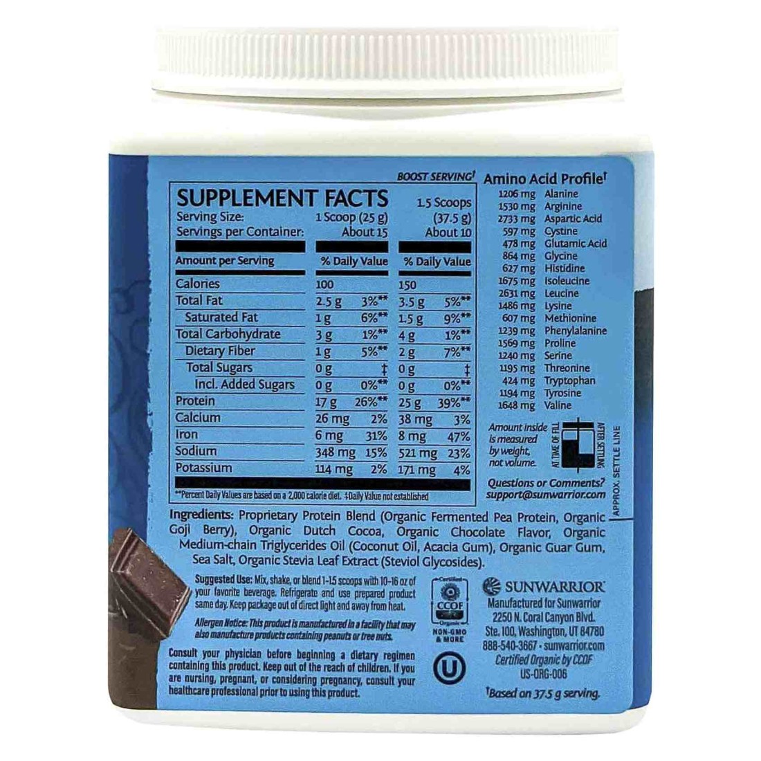 Sunwarrior Organic Protein Warrior Blend Chocolate Flavour Dietary Supplement 375g
