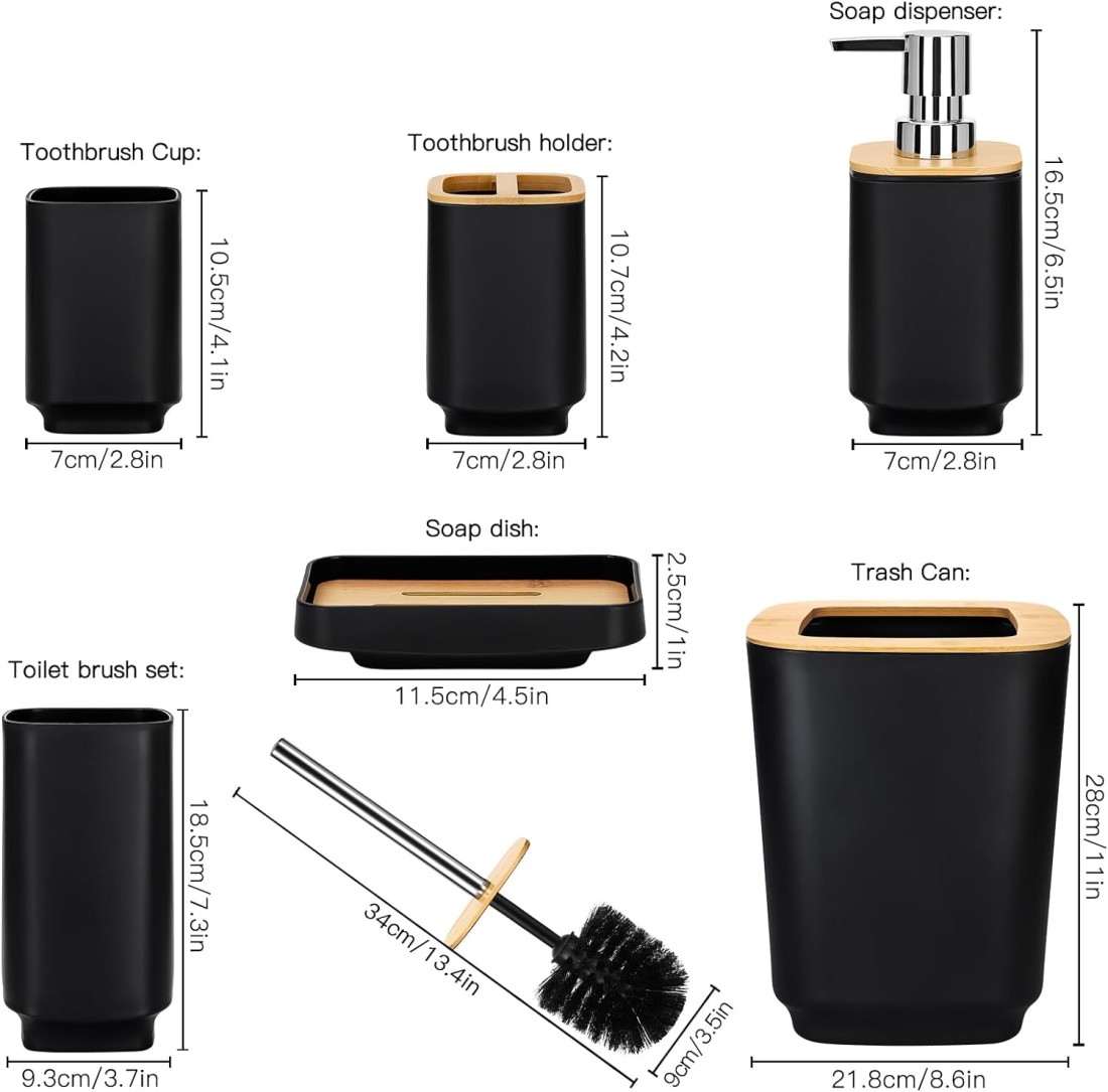 Bamboo Bathroom Accessories Set of 6 Modern Design 6 Pieces Bathroom Accessory Set Soap Dispenser Toothbrush Holder Tooth Mug Soap Dish Toilet Brush Rubbish for Bathroom Home Decor (Black)