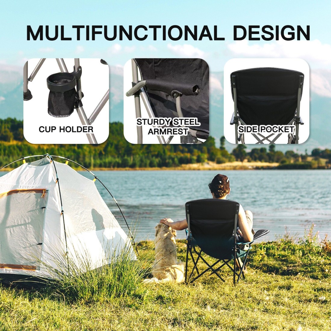 Foldable Camping Chair with Ergonomic High Back, Cup Holder, Adjustable Feet, and Storage Bag – Heavy-Duty Portable Outdoor Chair for Camping, Beach, Fishing, and Picnics - Blue/Black