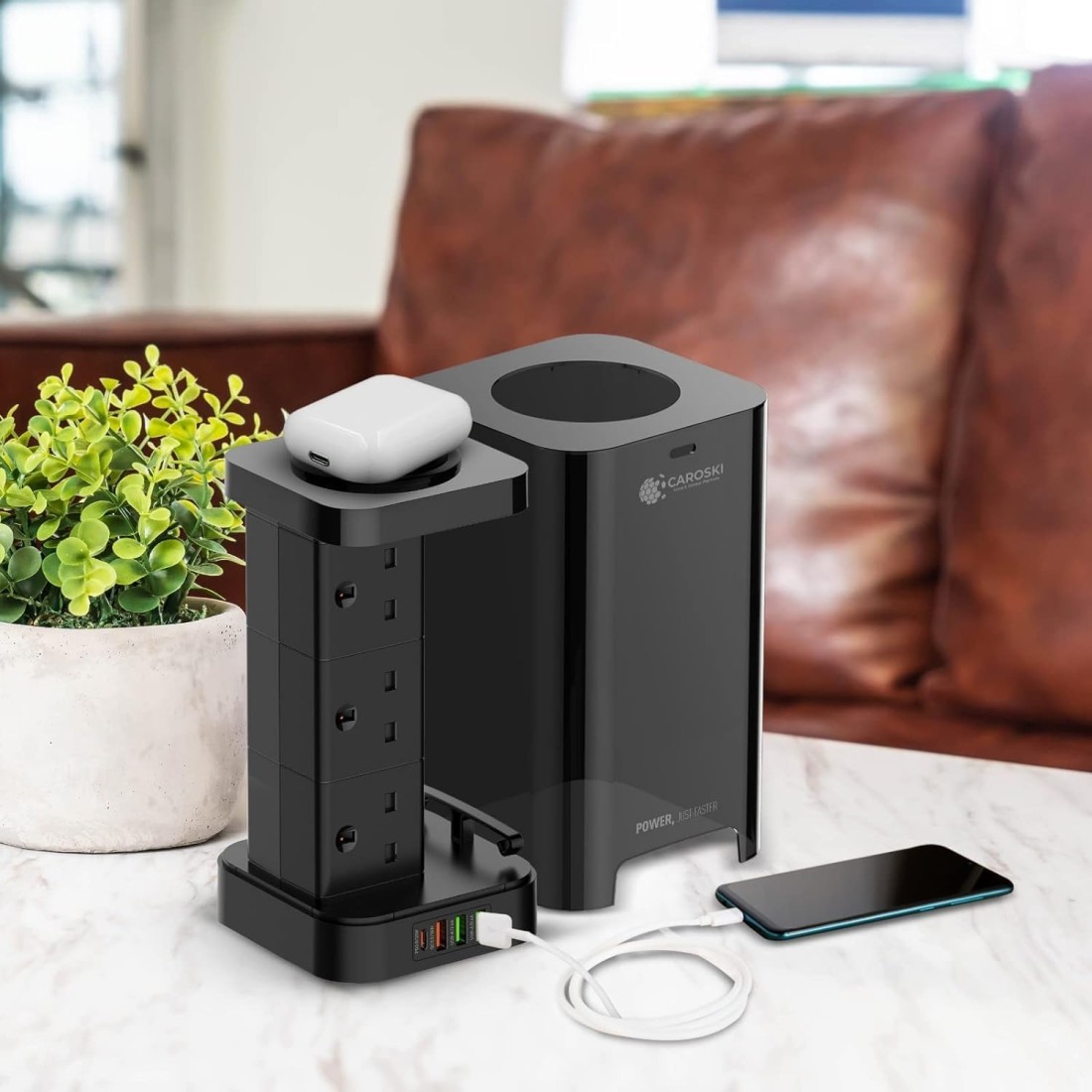 Tower Power Extension Cord 3 In 1 with 15W Wireless Charger - 6 AC Outlets - 4 USB Outlets - 2m Long Extension Cord Power Strip with Cable Organizer Box