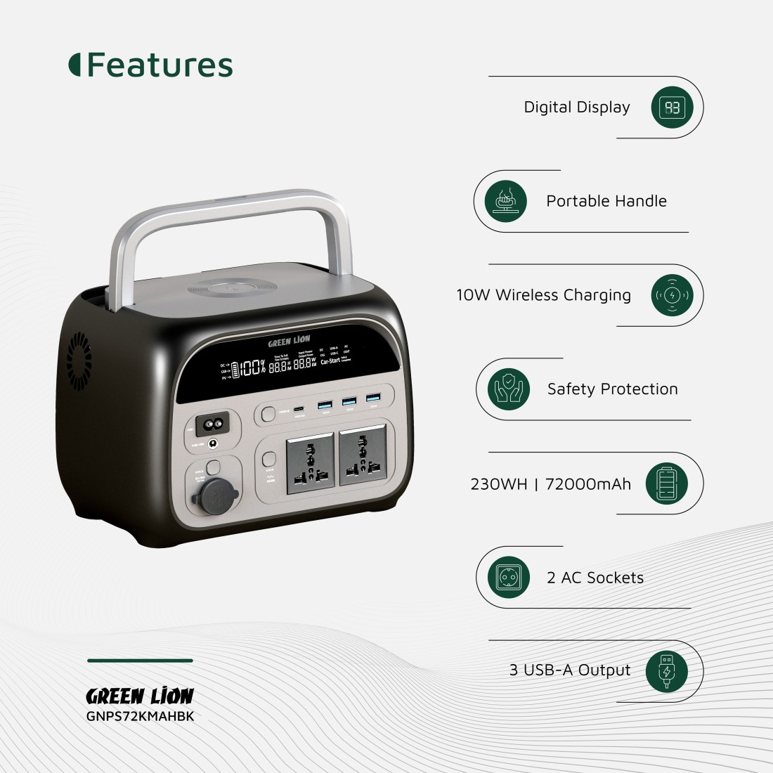 Green Lion Portable 72000mAh Power Station, 230Wh Battery, 500-600W Power, AC, USB-A, Type-C Outputs, Wireless Charging, LED Light, Black
