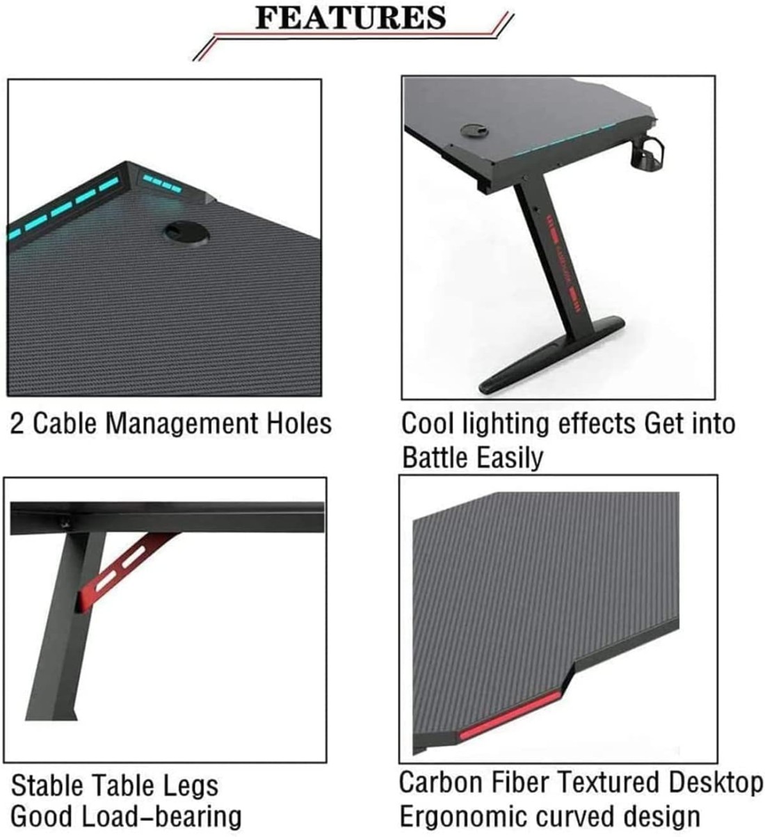 MAF K-151-120cm Gaming Table &ndash; Carbon Fiber Surface, RGB LED Lights, and Sturdy Steel Frame &ndash; Perfect for Gaming
