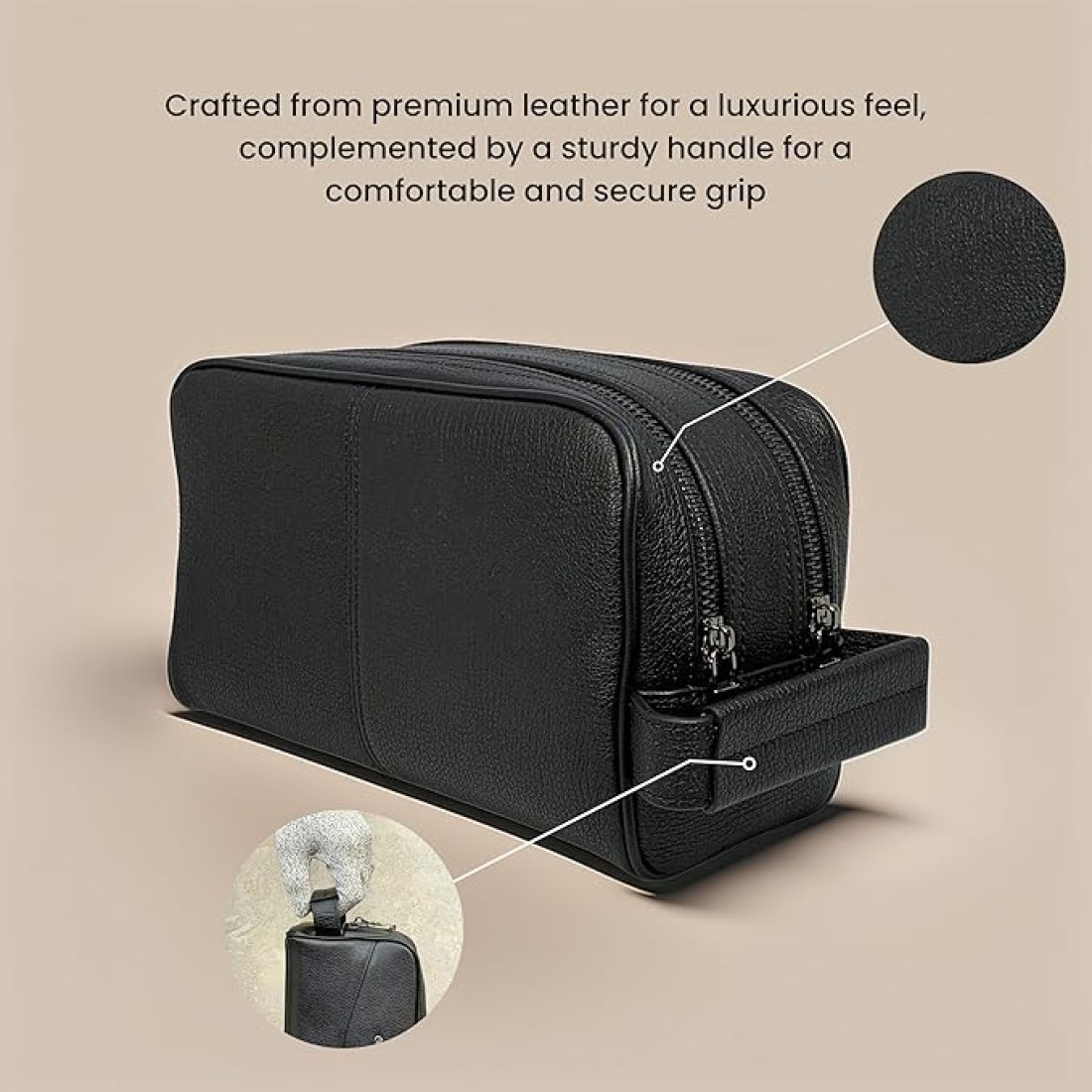 Classic Milano Leather Travel Toiletry Bag, Handbag, Clutch & Cosmetic Pouch – Travel Organizer, Spacious Case & Dopp Kit for Shaving, Makeup & Grooming Essentials – 202228 Black